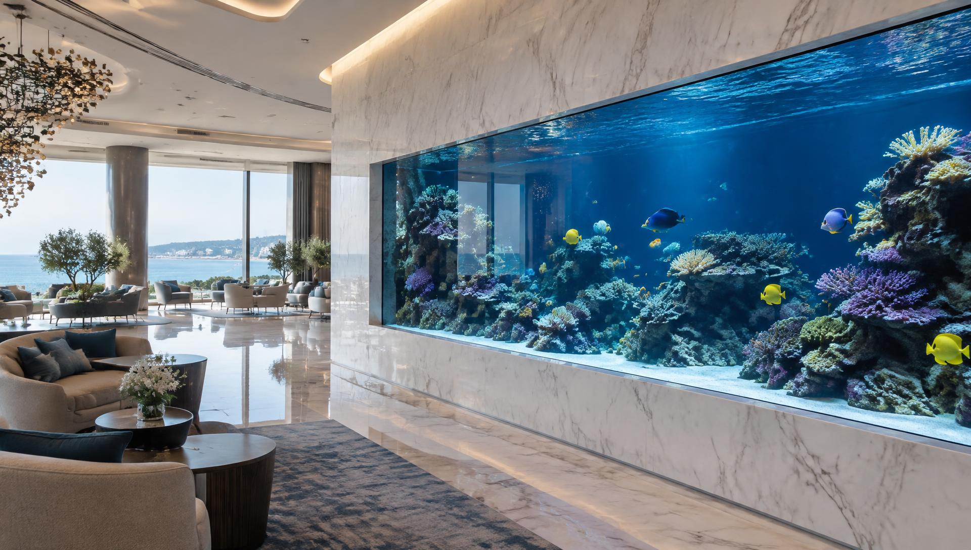 Wall-mounted reef aquarium in a Cyprus hotel lobby